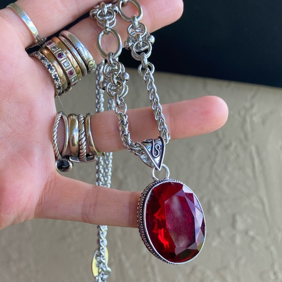 925 sterling silver overlay charm red garnet cz stone stainless steel necklace - Picture 14 of 16